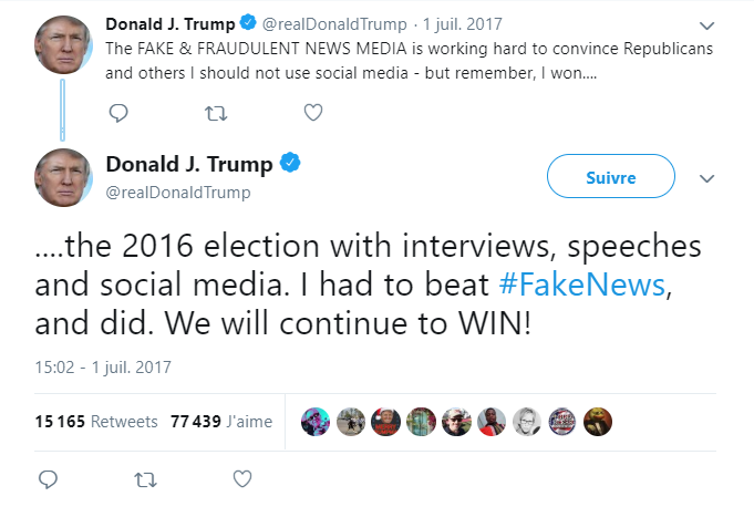 Capture d'écran compte Twitter Trump parlant des réseaux sociaux grâce à qui il a gagné