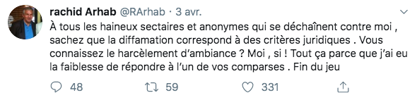Tweet de Rachid Arhab du 3 avril à propos du déferlement de haine à son sujet
