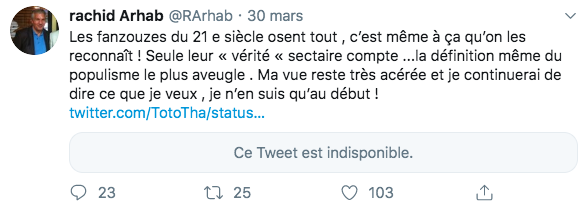 Tweet de Rachid Arhab le 30 mars 2019, avant la clôture de son compte Twitter