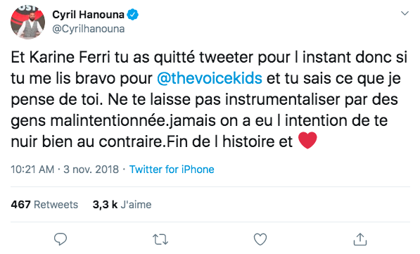 Tweet d’Hanouna le 3 novembre 2018 à la suite de l’annonce de Karine Ferri quittant Twitter