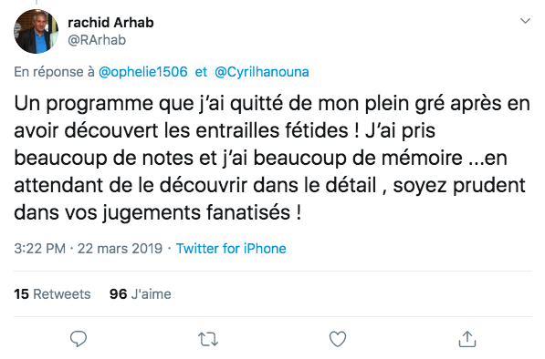“Les entrailles fétides” Tweet de Rachid Arhab sur son départ de l’émission TPMP.